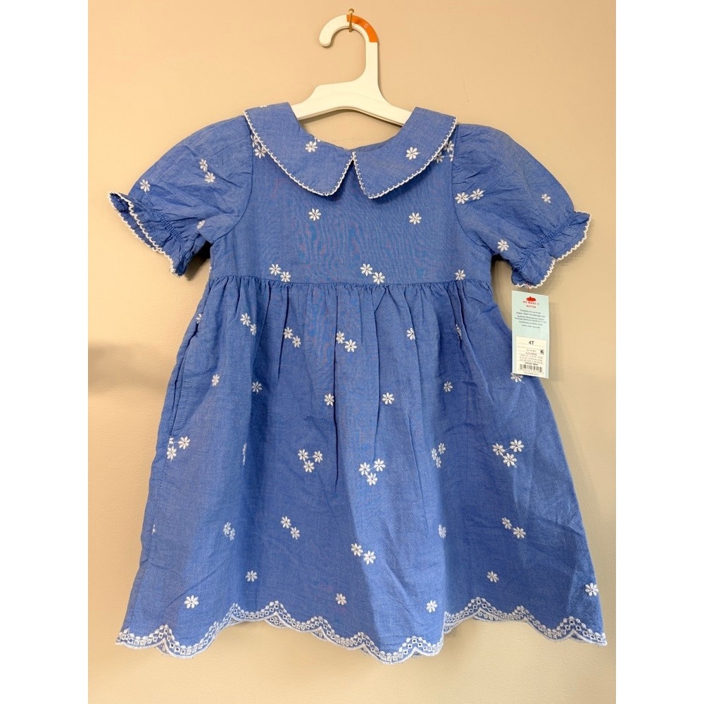 Cat & Jack Floral Embroidered Dress Toddler Girls 4T‎ Blue Peter Pan Collar NWT